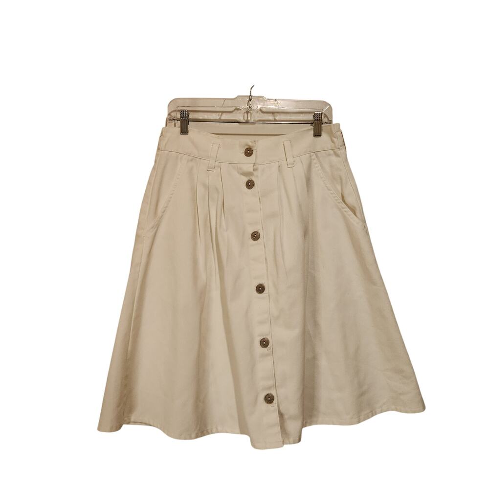 Vintage Cherokee White Denim Button Front Pleated Knee Length A-Line Skirt 16